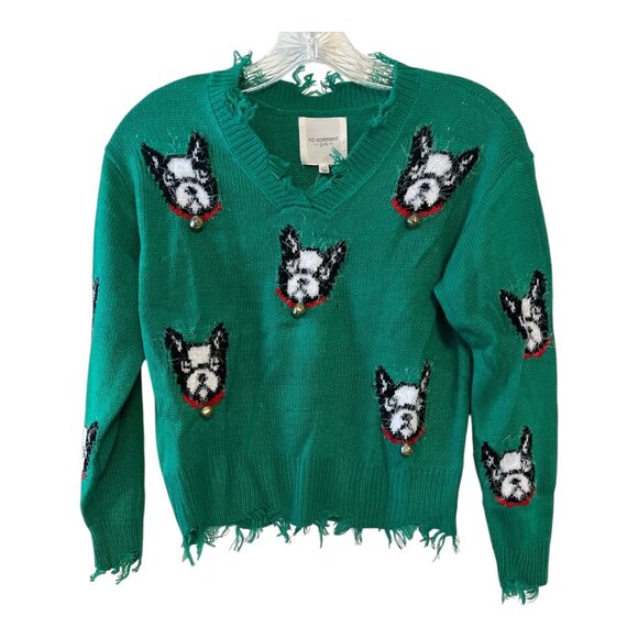 Girls Green Distressed Sweater – Dog Face Pattern w Jingle Bells – Size L - Picture 1 of 5
